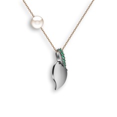 İncili Yaprak Kolye - Kök zümrüt ve inci 14 ayar beyaz altın kolye (40 cm rose altın rolo zincir) #h58u17