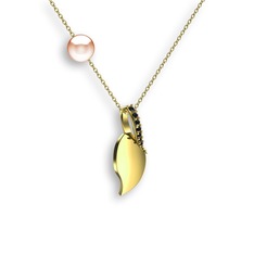 İncili Yaprak Kolye - Siyah zirkon ve pembe inci 18 ayar altın kolye (40 cm altın rolo zincir) #hraxh0