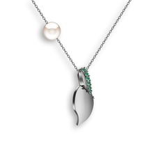 İncili Yaprak Kolye - Kök zümrüt ve inci 14 ayar beyaz altın kolye (40 cm beyaz altın rolo zincir) #iq0fcm