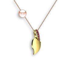 İncili Yaprak Kolye - Rodolit garnet ve pembe inci 18 ayar altın kolye (40 cm rose altın rolo zincir) #iv6hlo