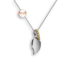 İncili Yaprak Kolye - Sitrin ve pembe inci 925 ayar gümüş kolye (40 cm beyaz altın rolo zincir) #j9xyc8