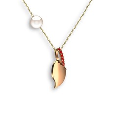 İncili Yaprak Kolye - Garnet ve inci 18 ayar rose altın kolye (40 cm altın rolo zincir) #jgris8