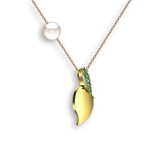 İncili Yaprak Kolye - Kök zümrüt ve inci 14 ayar altın kolye (40 cm rose altın rolo zincir) #k0af3v