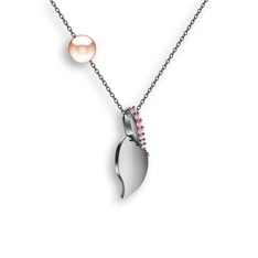 İncili Yaprak Kolye - Pembe kuvars ve pembe inci 18 ayar beyaz altın kolye (40 cm gümüş rolo zincir) #lew5q7