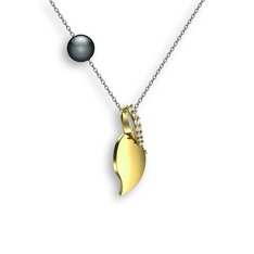 İncili Yaprak Kolye - Pırlanta ve siyah inci 14 ayar altın kolye (0.077 karat, 40 cm beyaz altın rolo zincir) #ljvbp1