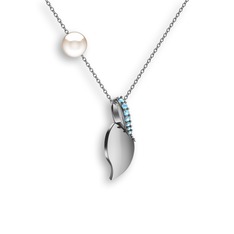 İncili Yaprak Kolye - Akuamarin ve inci 8 ayar beyaz altın kolye (40 cm beyaz altın rolo zincir) #lo69j0