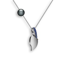 İncili Yaprak Kolye - Lab safir ve siyah inci 925 ayar gümüş kolye (40 cm gümüş rolo zincir) #on0lgb