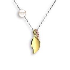 İncili Yaprak Kolye - Pembe kuvars ve inci 8 ayar altın kolye (40 cm beyaz altın rolo zincir) #or23dp