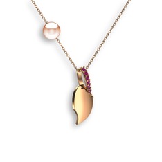 İncili Yaprak Kolye - Rodolit garnet ve pembe inci 8 ayar rose altın kolye (40 cm rose altın rolo zincir) #p26vev