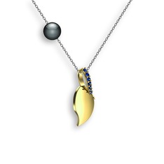 İncili Yaprak Kolye - Lab safir ve siyah inci 925 ayar altın kaplama gümüş kolye (40 cm gümüş rolo zincir) #pgwuzo