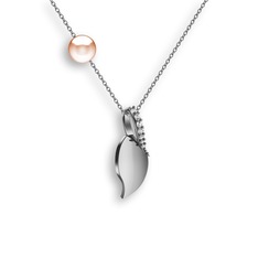 İncili Yaprak Kolye - Pırlanta ve pembe inci 18 ayar beyaz altın kolye (0.077 karat, 40 cm beyaz altın rolo zincir) #pj3mxk