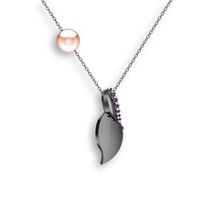 İncili Yaprak Kolye - Ametist ve pembe inci 925 ayar siyah rodyum kaplama gümüş kolye (40 cm beyaz altın rolo zincir) #pp9rod