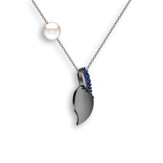 İncili Yaprak Kolye - Lab safir ve inci 925 ayar siyah rodyum kaplama gümüş kolye (40 cm beyaz altın rolo zincir) #pzbf4j