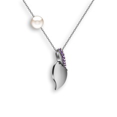 İncili Yaprak Kolye - Ametist ve inci 925 ayar gümüş kolye (40 cm beyaz altın rolo zincir) #q61k6m