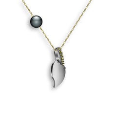 İncili Yaprak Kolye - Peridot ve siyah inci 14 ayar beyaz altın kolye (40 cm altın rolo zincir) #qnlxrd