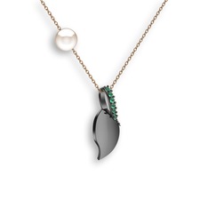 Kök zümrüt ve inci 925 ayar siyah rodyum kaplama gümüş kolye (40 cm rose altın rolo zincir)