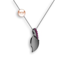 Rodolit garnet ve pembe inci 925 ayar siyah rodyum kaplama gümüş kolye (40 cm beyaz altın rolo zincir)