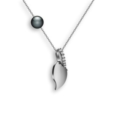 İncili Yaprak Kolye - Swarovski ve siyah inci 14 ayar beyaz altın kolye (40 cm beyaz altın rolo zincir) #rth11p