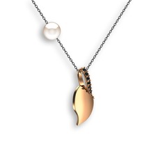 İncili Yaprak Kolye - Siyah zirkon ve inci 18 ayar rose altın kolye (40 cm gümüş rolo zincir) #s6daou