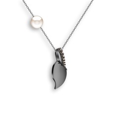 İncili Yaprak Kolye - Dumanlı kuvars ve inci 925 ayar siyah rodyum kaplama gümüş kolye (40 cm beyaz altın rolo zincir) #sdo423