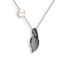 İncili Yaprak Kolye - Siyah zirkon ve inci 925 ayar siyah rodyum kaplama gümüş kolye (40 cm rose altın rolo zincir) #t9pppk