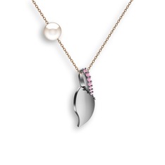 Pembe kuvars ve inci 8 ayar beyaz altın kolye (40 cm rose altın rolo zincir)