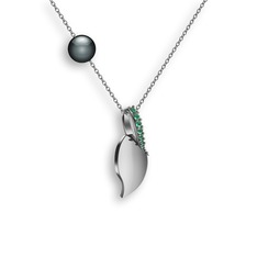 İncili Yaprak Kolye - Kök zümrüt ve siyah inci 18 ayar beyaz altın kolye (40 cm gümüş rolo zincir) #tmp5b2