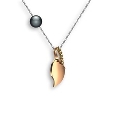 İncili Yaprak Kolye - Peridot ve siyah inci 14 ayar rose altın kolye (40 cm beyaz altın rolo zincir) #uf295a