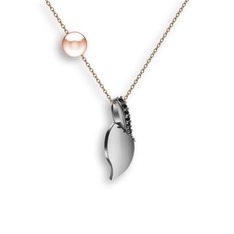 İncili Yaprak Kolye - Siyah zirkon ve pembe inci 8 ayar beyaz altın kolye (40 cm gümüş rolo zincir) #w2zp8v