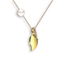 İncili Yaprak Kolye - Pembe kuvars ve inci 14 ayar altın kolye (40 cm rose altın rolo zincir) #wqs7vy