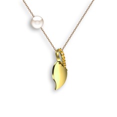 İncili Yaprak Kolye - Sitrin ve inci 8 ayar altın kolye (40 cm rose altın rolo zincir) #x6473s