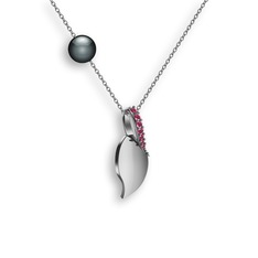 İncili Yaprak Kolye - Kök yakut ve siyah inci 14 ayar beyaz altın kolye (40 cm beyaz altın rolo zincir) #xo0jej