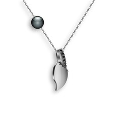 İncili Yaprak Kolye - Siyah zirkon ve siyah inci 8 ayar beyaz altın kolye (40 cm beyaz altın rolo zincir) #y1ls8k