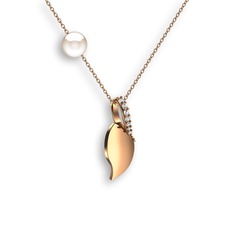 İncili Yaprak Kolye - Pırlanta ve inci 18 ayar rose altın kolye (0.077 karat, 40 cm rose altın rolo zincir) #yt3we