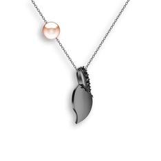 İncili Yaprak Kolye - Siyah zirkon ve pembe inci 925 ayar siyah rodyum kaplama gümüş kolye (40 cm beyaz altın rolo zincir) #zmz68c