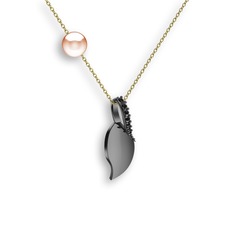 İncili Yaprak Kolye - Siyah zirkon ve pembe inci 925 ayar siyah rodyum kaplama gümüş kolye (40 cm altın rolo zincir) #zynfv