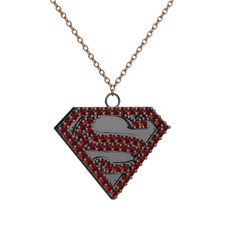 Superman Kolye - Garnet 925 ayar siyah rodyum kaplama gümüş kolye (40 cm gümüş rolo zincir) #1103dad