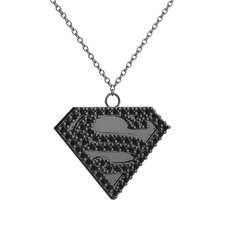 Superman Kolye - Siyah zirkon 925 ayar siyah rodyum kaplama gümüş kolye (40 cm beyaz altın rolo zincir) #19mgigb