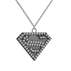 Superman Kolye - Swarovski 925 ayar siyah rodyum kaplama gümüş kolye (40 cm beyaz altın rolo zincir) #zlr3yc