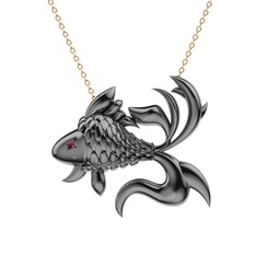 Japon Balığı Kolye - Kök yakut 925 ayar siyah rodyum kaplama gümüş kolye (40 cm altın rolo zincir) #17hwcut