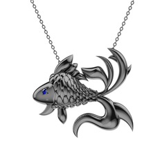 Japon Balığı Kolye - Lab safir 925 ayar siyah rodyum kaplama gümüş kolye (40 cm gümüş rolo zincir) #18e3no3