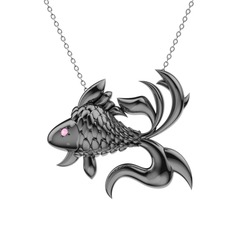 Japon Balığı Kolye - Pembe kuvars 925 ayar siyah rodyum kaplama gümüş kolye (40 cm gümüş rolo zincir) #xjpdt8