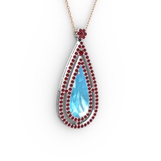 Niva Damla Kolye - Akuamarin ve garnet 14 ayar beyaz altın kolye (40 cm rose altın rolo zincir) #12ggs5t