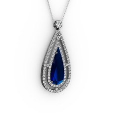 Niva Damla Kolye - Lab safir ve swarovski 925 ayar siyah rodyum kaplama gümüş kolye (40 cm beyaz altın rolo zincir) #12qx9vc