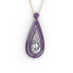 Niva Damla Kolye - Beyaz zirkon ve ametist 925 ayar siyah rodyum kaplama gümüş kolye (40 cm altın rolo zincir) #16k119y