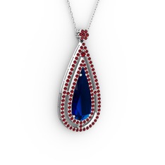 Niva Damla Kolye - Lab safir ve garnet 18 ayar beyaz altın kolye (40 cm beyaz altın rolo zincir) #17p0m3o