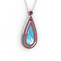 Akuamarin ve garnet 8 ayar beyaz altın kolye (40 cm beyaz altın rolo zincir)