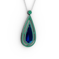 Lab safir ve yeşil kuvars 925 ayar siyah rodyum kaplama gümüş kolye (40 cm beyaz altın rolo zincir)