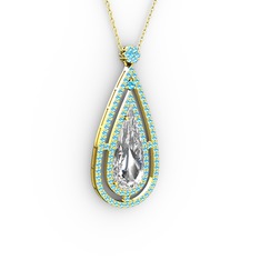 Niva Damla Kolye - Beyaz zirkon ve akuamarin 14 ayar altın kolye (40 cm altın rolo zincir) #1hrdhaz