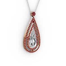 Niva Damla Kolye - Beyaz zirkon ve garnet 18 ayar rose altın kolye (40 cm beyaz altın rolo zincir) #1i9f0j0